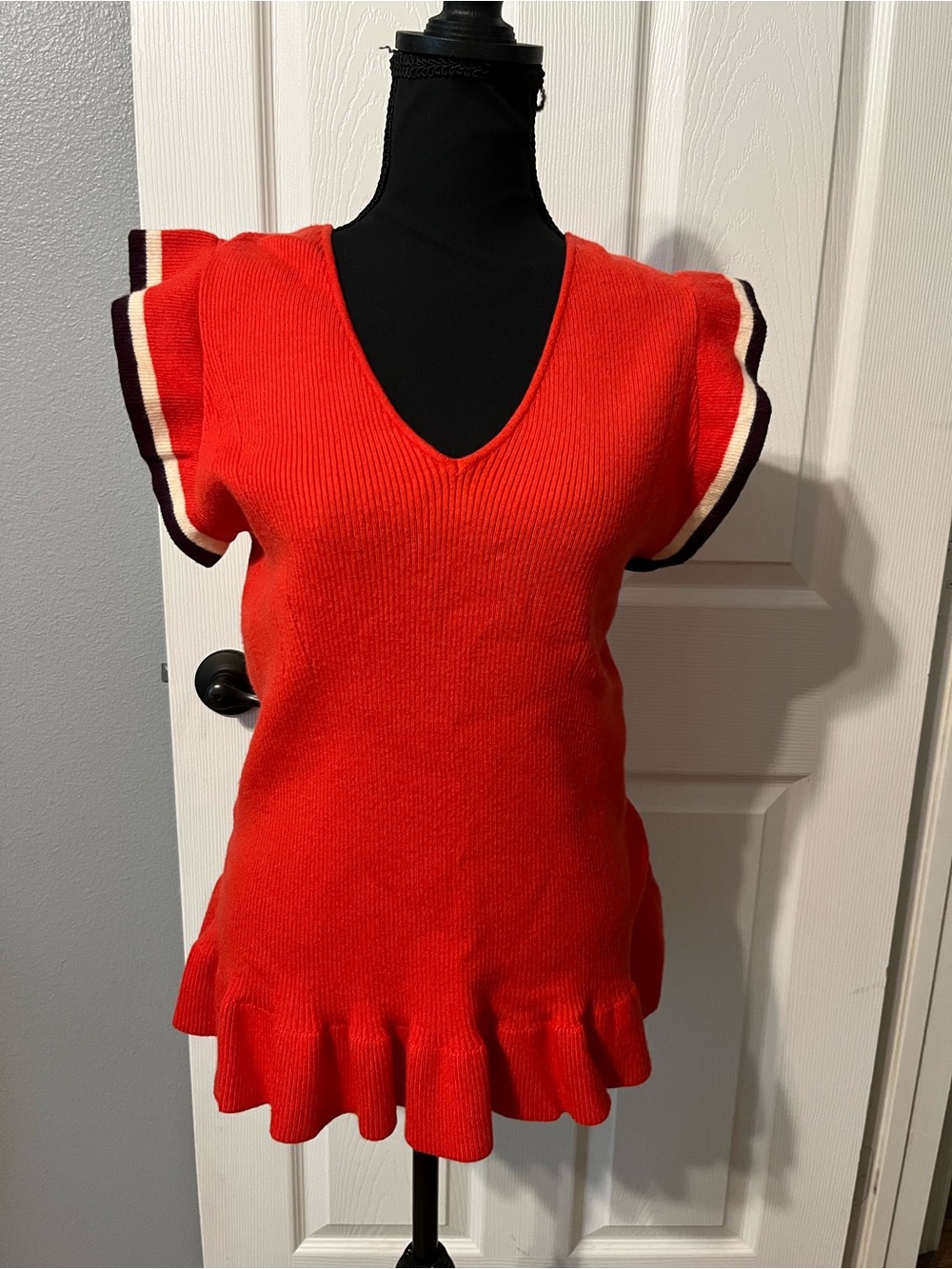 THML Bright Orange V-Neck Ruffle Sleeve Sweater